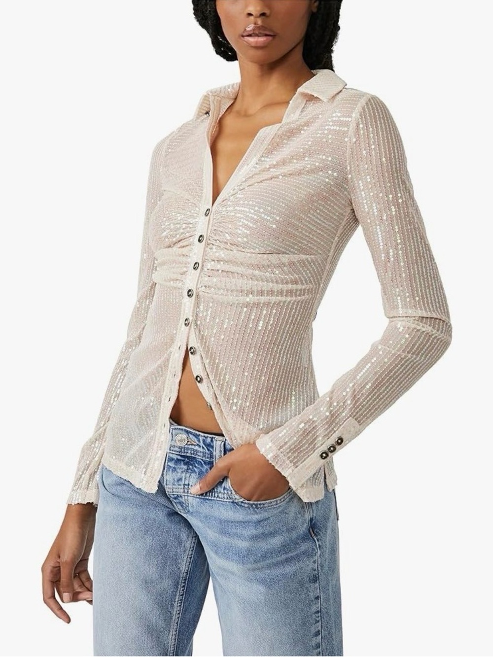 Free People Sequin Shirtee Champagne Dreams Ruched Top Blouse NWT Small Glam